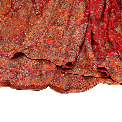 Indian Pre-owned Orange & Red Pure Silk Hand Embroidered Ritu Kumar Designer Lehenga 3pcs Set Ethnic Bollywood Party Wear