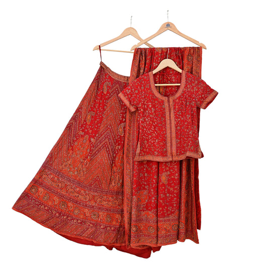 Indian Pre-owned Orange & Red Pure Silk Hand Embroidered Ritu Kumar Designer Lehenga 3pcs Set Ethnic Bollywood Party Wear