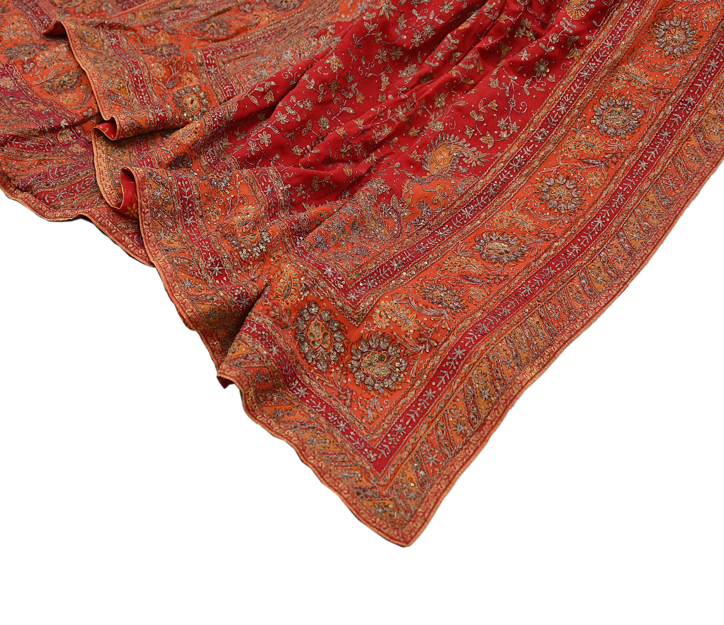 Indian Pre-owned Orange & Red Pure Silk Hand Embroidered Ritu Kumar Designer Lehenga 3pcs Set Ethnic Bollywood Party Wear