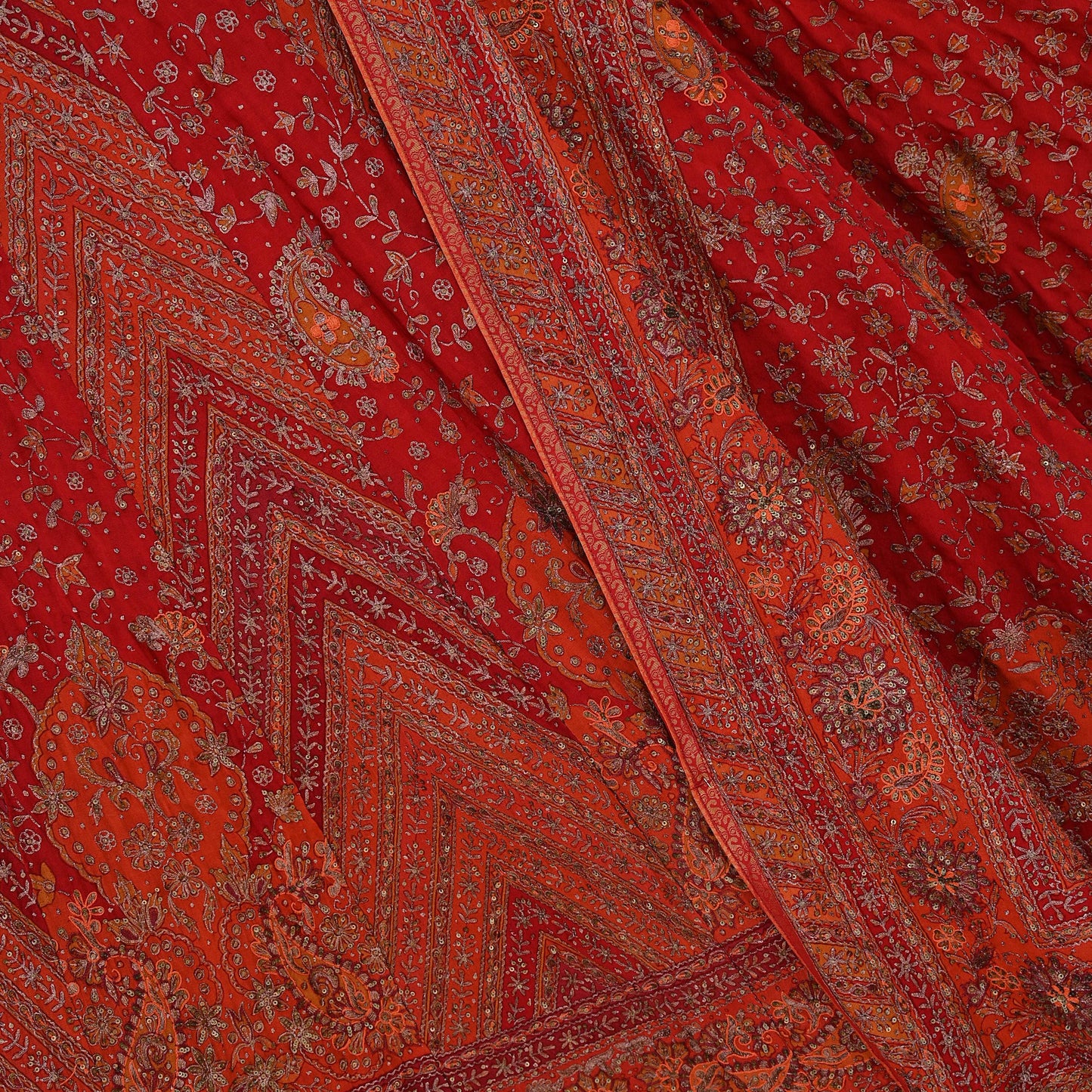 Indian Pre-owned Orange & Red Pure Silk Hand Embroidered Ritu Kumar Designer Lehenga 3pcs Set Ethnic Bollywood Party Wear