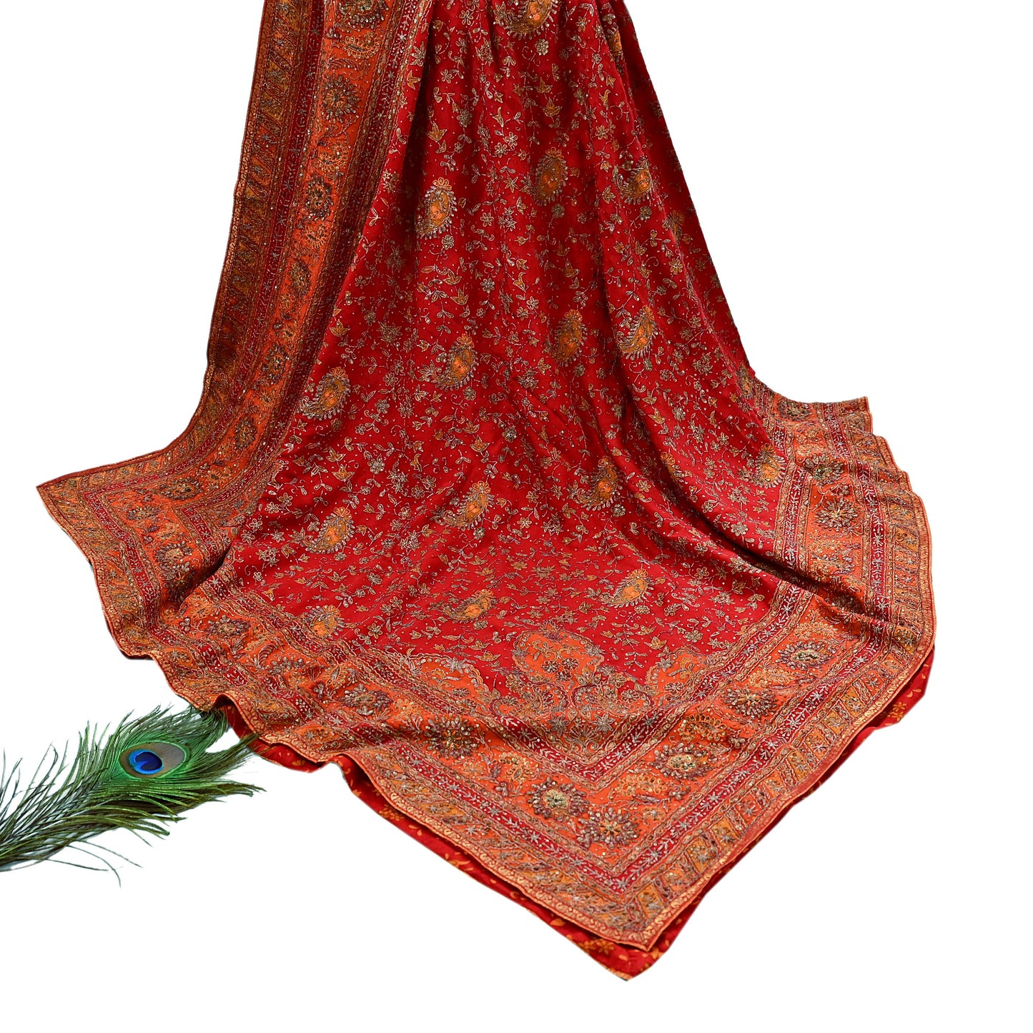 Indian Vintage Heavy Orange & Red Dupatta Pure Silk Long Stole Hand Embroidered Designer By Ritu Kumar Scarves Scarf Zari Zardozi
