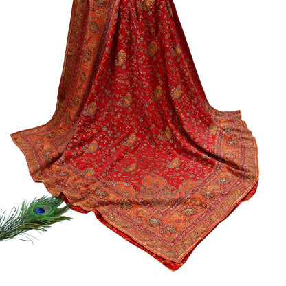 Indian Vintage Heavy Orange & Red Dupatta Pure Silk Long Stole Hand Embroidered Designer By Ritu Kumar Scarves Scarf Zari Zardozi