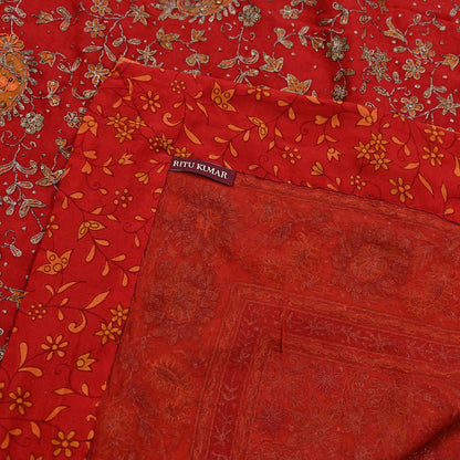 Indian Vintage Heavy Orange & Red Dupatta Pure Silk Long Stole Hand Embroidered Designer By Ritu Kumar Scarves Scarf Zari Zardozi