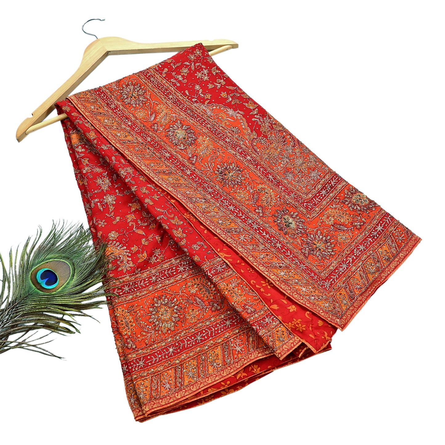 Indian Vintage Heavy Orange & Red Dupatta Pure Silk Long Stole Hand Embroidered Designer By Ritu Kumar Scarves Scarf Zari Zardozi