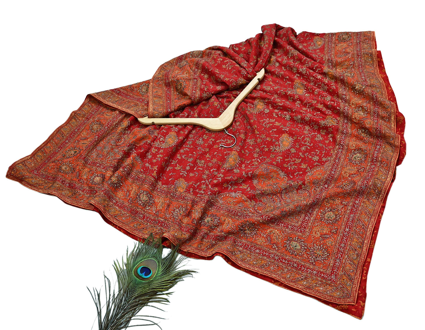 Indian Vintage Heavy Orange & Red Dupatta Pure Silk Long Stole Hand Embroidered Designer By Ritu Kumar Scarves Scarf Zari Zardozi