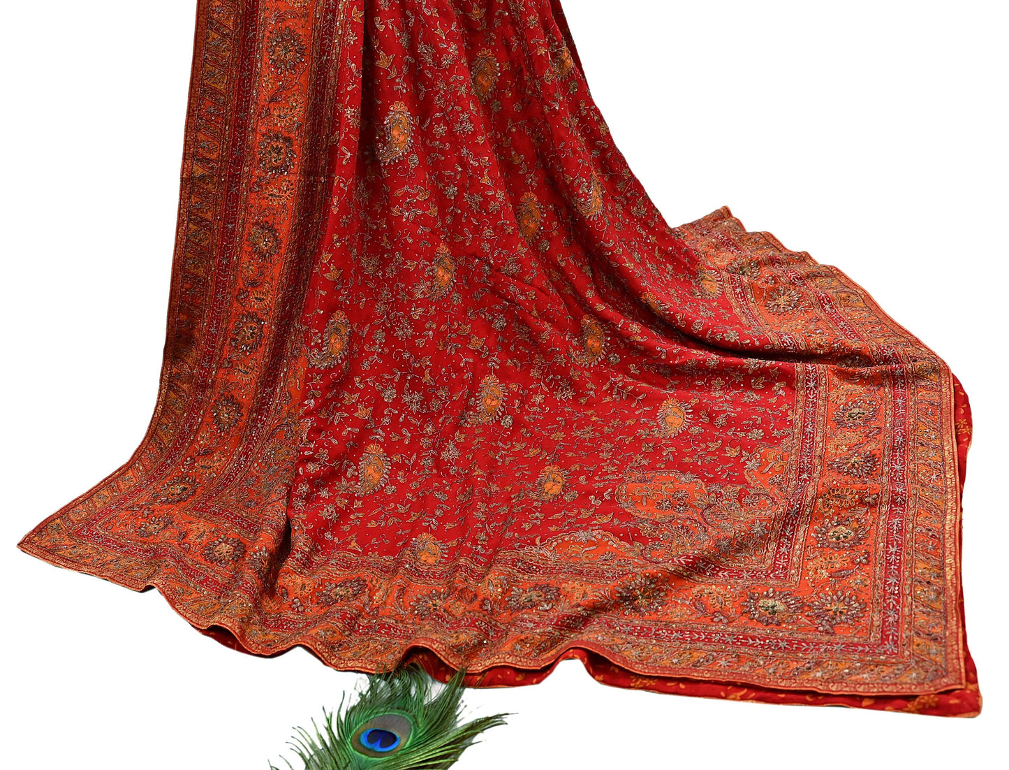 Indian Vintage Heavy Orange & Red Dupatta Pure Silk Long Stole Hand Embroidered Designer By Ritu Kumar Scarves Scarf Zari Zardozi