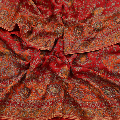 Indian Vintage Heavy Orange & Red Dupatta Pure Silk Long Stole Hand Embroidered Designer By Ritu Kumar Scarves Scarf Zari Zardozi