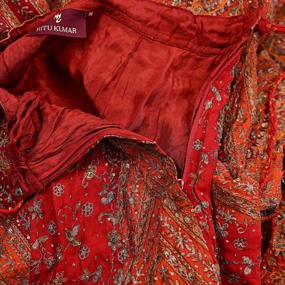 Indian Pre-owned Red & Orange Pure Silk Hand Embroidered Ritu Kumar Designer Lehenga/Skirt Ethnic Bollywood Party Wear