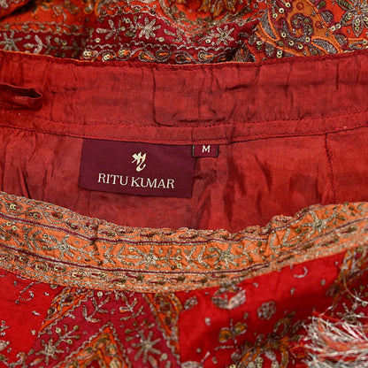 Indian Pre-owned Red & Orange Pure Silk Hand Embroidered Ritu Kumar Designer Lehenga/Skirt Ethnic Bollywood Party Wear