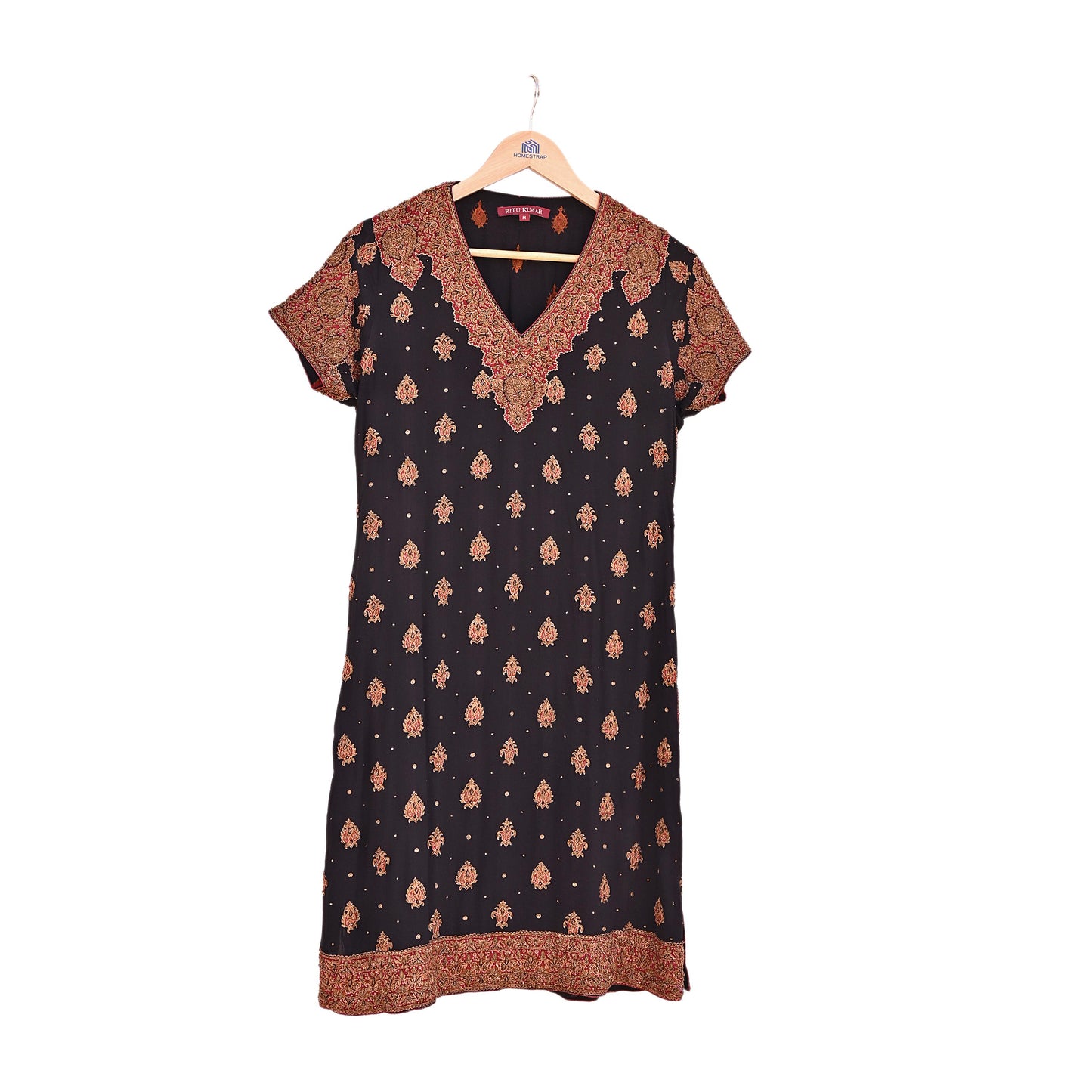 Indian Vintage Ritu Kumar Black Pure Crepe Silk Long Kurta Hand Embroidered Printed Designer Ethnic Festive Party Wear Tunic