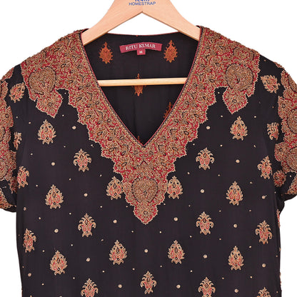Indian Vintage Ritu Kumar Black Pure Crepe Silk Long Kurta Hand Embroidered Printed Designer Ethnic Festive Party Wear Tunic