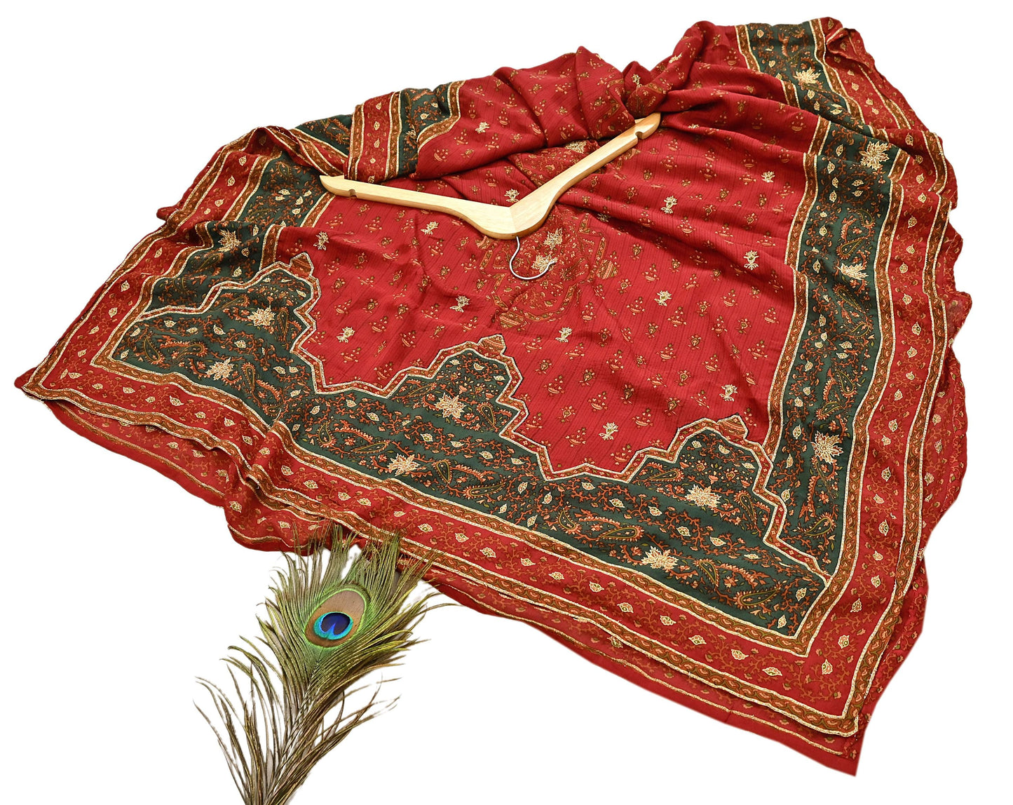 Indian Pre-Owned Red & Green Pure Silk Hand Embroidered Ritu Kumar Designer 2 Piece Suit Set (Kurta + Dupatta)