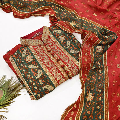Indian Pre-Owned Red & Green Pure Silk Hand Embroidered Ritu Kumar Designer 2 Piece Suit Set (Kurta + Dupatta)