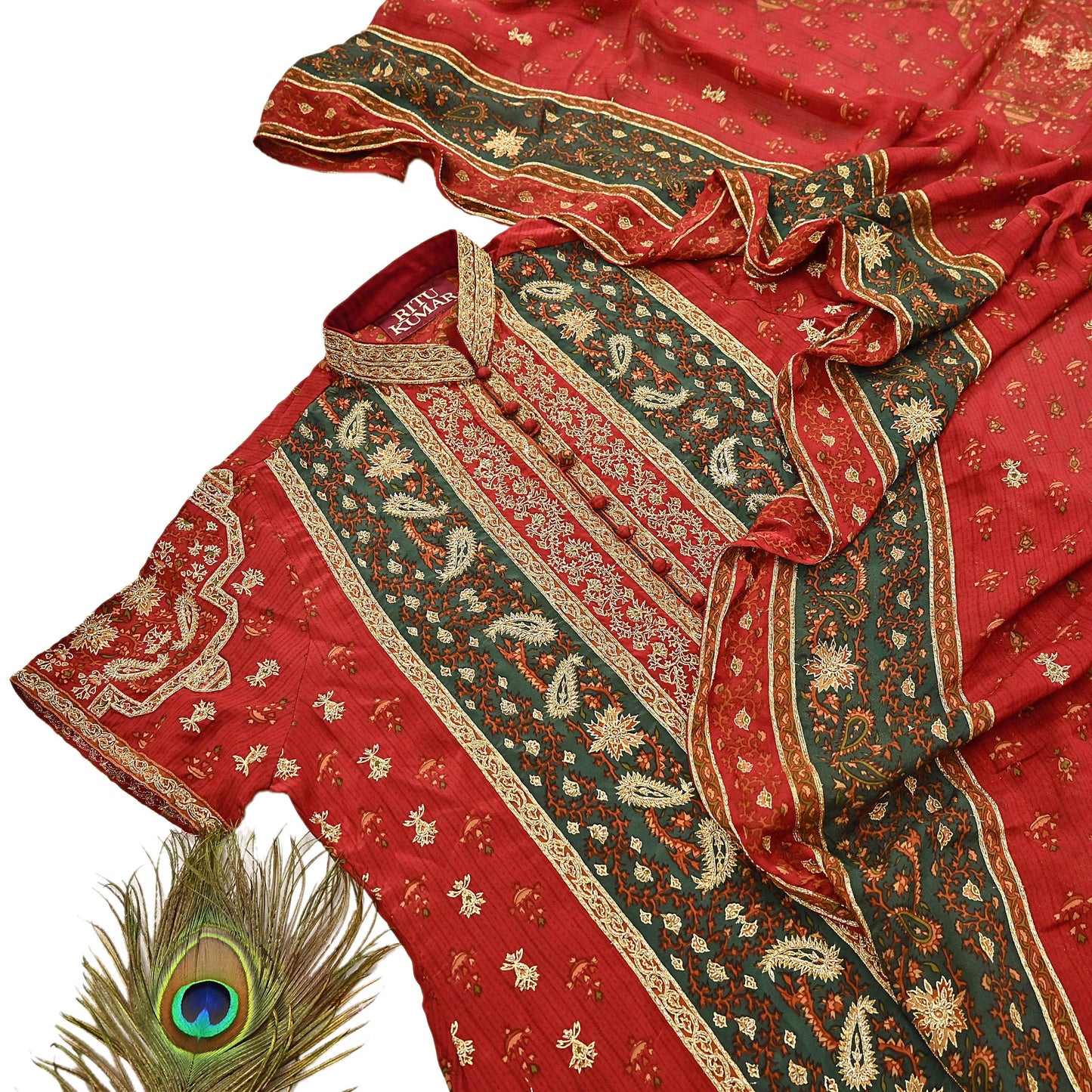 Indian Pre-Owned Red & Green Pure Silk Hand Embroidered Ritu Kumar Designer 2 Piece Suit Set (Kurta + Dupatta)