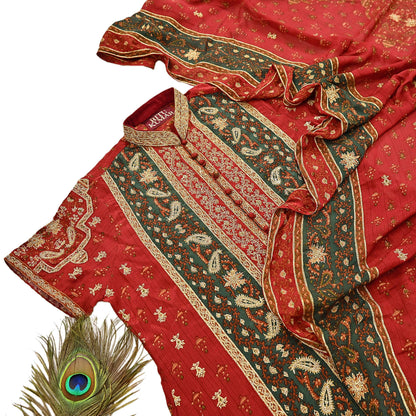 Indian Pre-Owned Red & Green Pure Silk Hand Embroidered Ritu Kumar Designer 2 Piece Suit Set (Kurta + Dupatta)