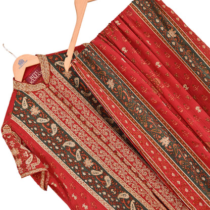 Indian Pre-Owned Red & Green Pure Silk Hand Embroidered Ritu Kumar Designer 2 Piece Suit Set (Kurta + Dupatta)