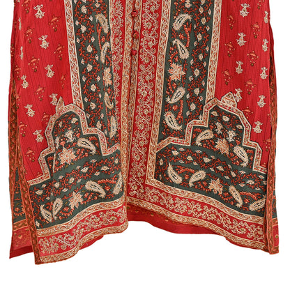 Indian Pre-Owned Red & Green Pure Silk Hand Embroidered Ritu Kumar Designer 2 Piece Suit Set (Kurta + Dupatta)