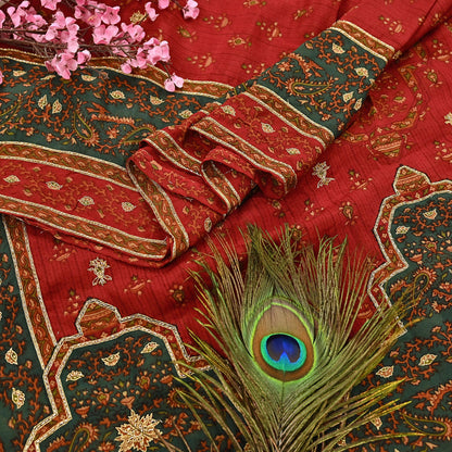 Indian Vintage Red & Green Dupatta Pure Silk Long Stole Hand Embroidered Designer By Ritu Kumar Scarves Scarf Zari Zardozi