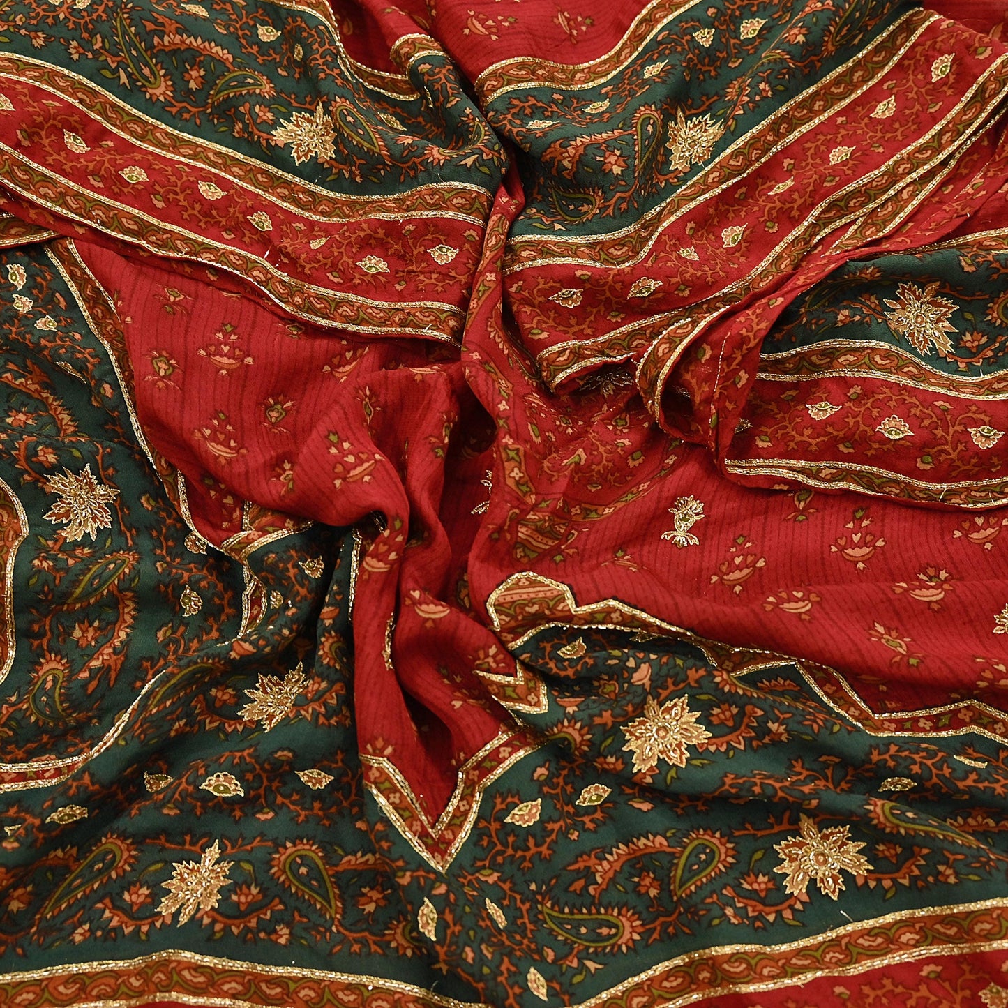 Indian Vintage Red & Green Dupatta Pure Silk Long Stole Hand Embroidered Designer By Ritu Kumar Scarves Scarf Zari Zardozi