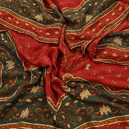 Indian Vintage Red & Green Dupatta Pure Silk Long Stole Hand Embroidered Designer By Ritu Kumar Scarves Scarf Zari Zardozi
