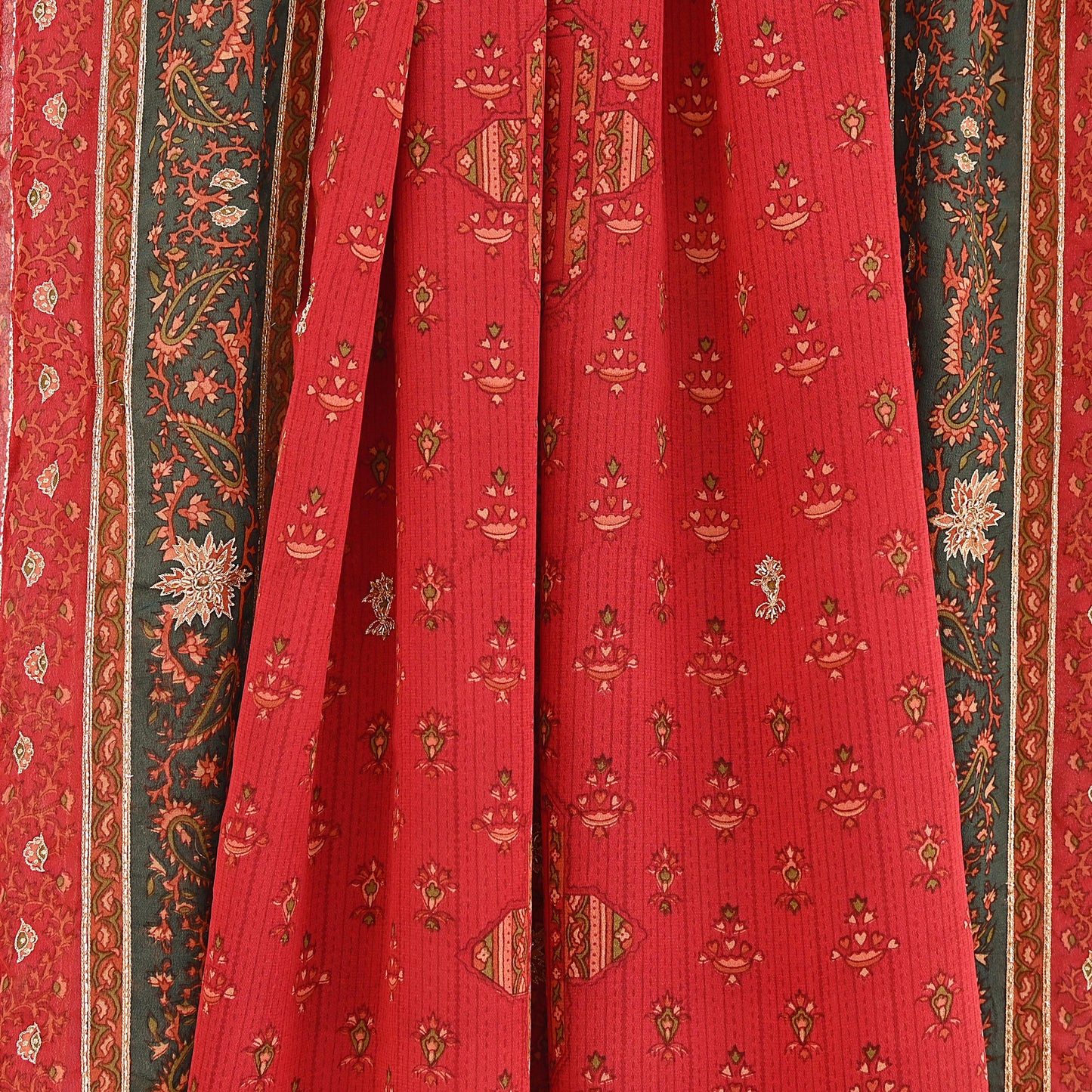 Indian Vintage Red & Green Dupatta Pure Silk Long Stole Hand Embroidered Designer By Ritu Kumar Scarves Scarf Zari Zardozi