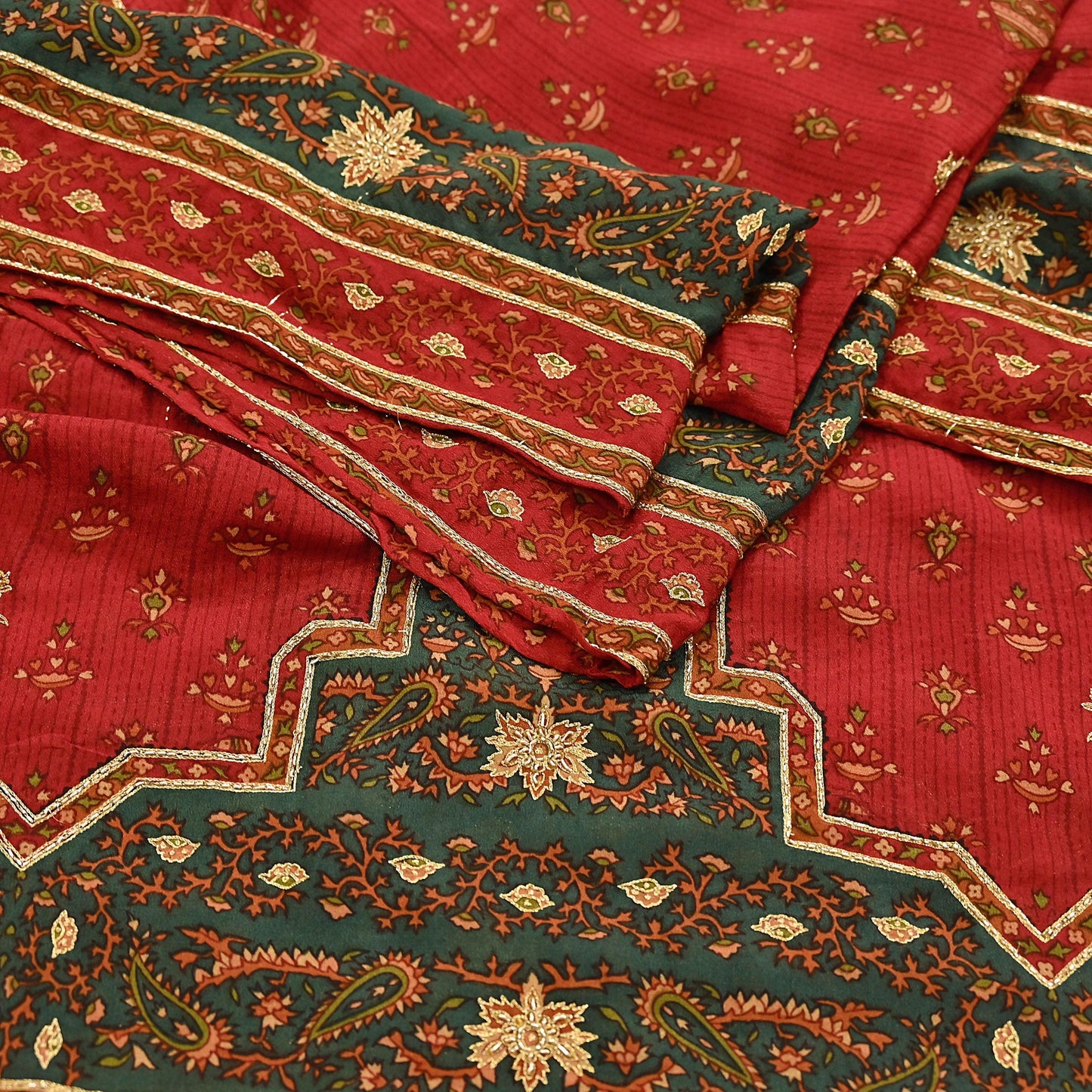 Indian Vintage Red & Green Dupatta Pure Silk Long Stole Hand Embroidered Designer By Ritu Kumar Scarves Scarf Zari Zardozi