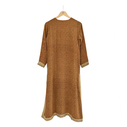 Indian Vintage Ritu Kumar Brown Pure Crepe Silk Long Kurta Hand Embroidered Printed Designer Ethnic Festive Party Wear Tunic