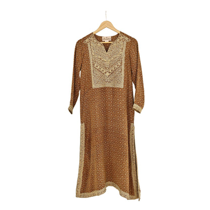 Indian Vintage Ritu Kumar Brown Pure Crepe Silk Long Kurta Hand Embroidered Printed Designer Ethnic Festive Party Wear Tunic