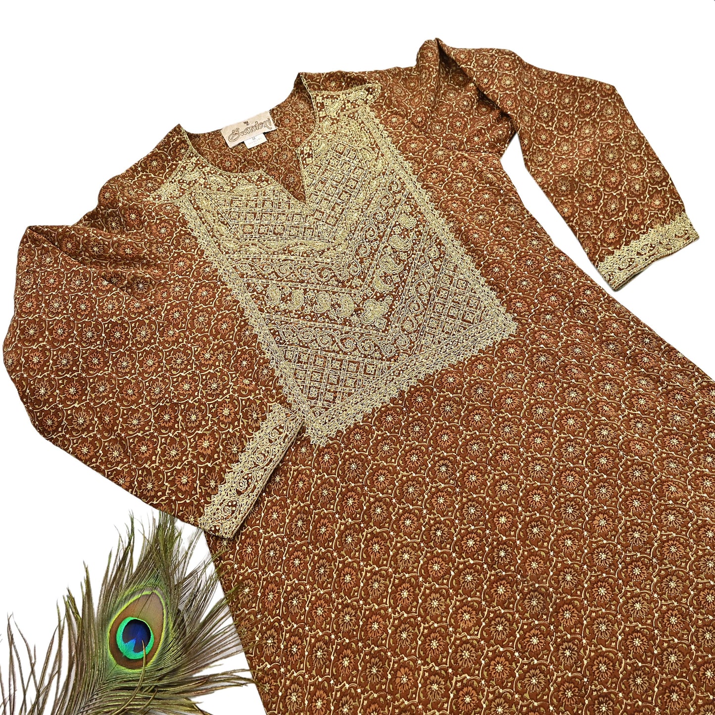 Indian Vintage Ritu Kumar Brown Pure Crepe Silk Long Kurta Hand Embroidered Printed Designer Ethnic Festive Party Wear Tunic
