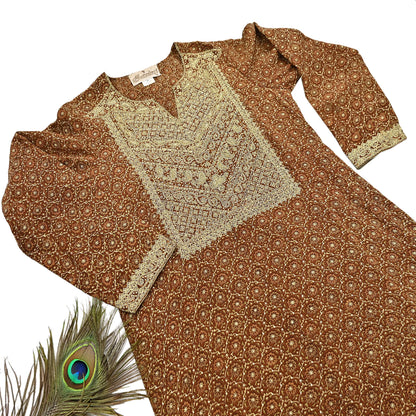 Indian Vintage Ritu Kumar Brown Pure Crepe Silk Long Kurta Hand Embroidered Printed Designer Ethnic Festive Party Wear Tunic