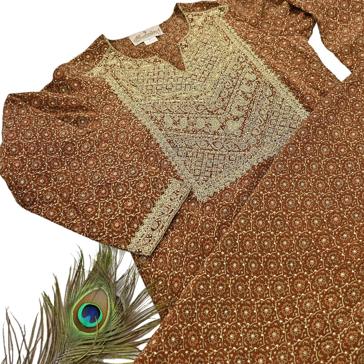 Indian Vintage Ritu Kumar Brown Pure Crepe Silk Long Kurta Hand Embroidered Printed Designer Ethnic Festive Party Wear Tunic