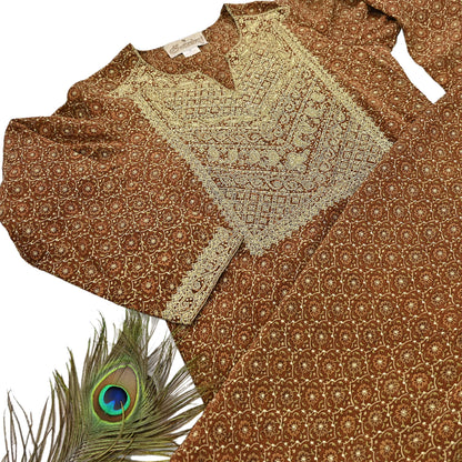 Indian Vintage Ritu Kumar Brown Pure Crepe Silk Long Kurta Hand Embroidered Printed Designer Ethnic Festive Party Wear Tunic