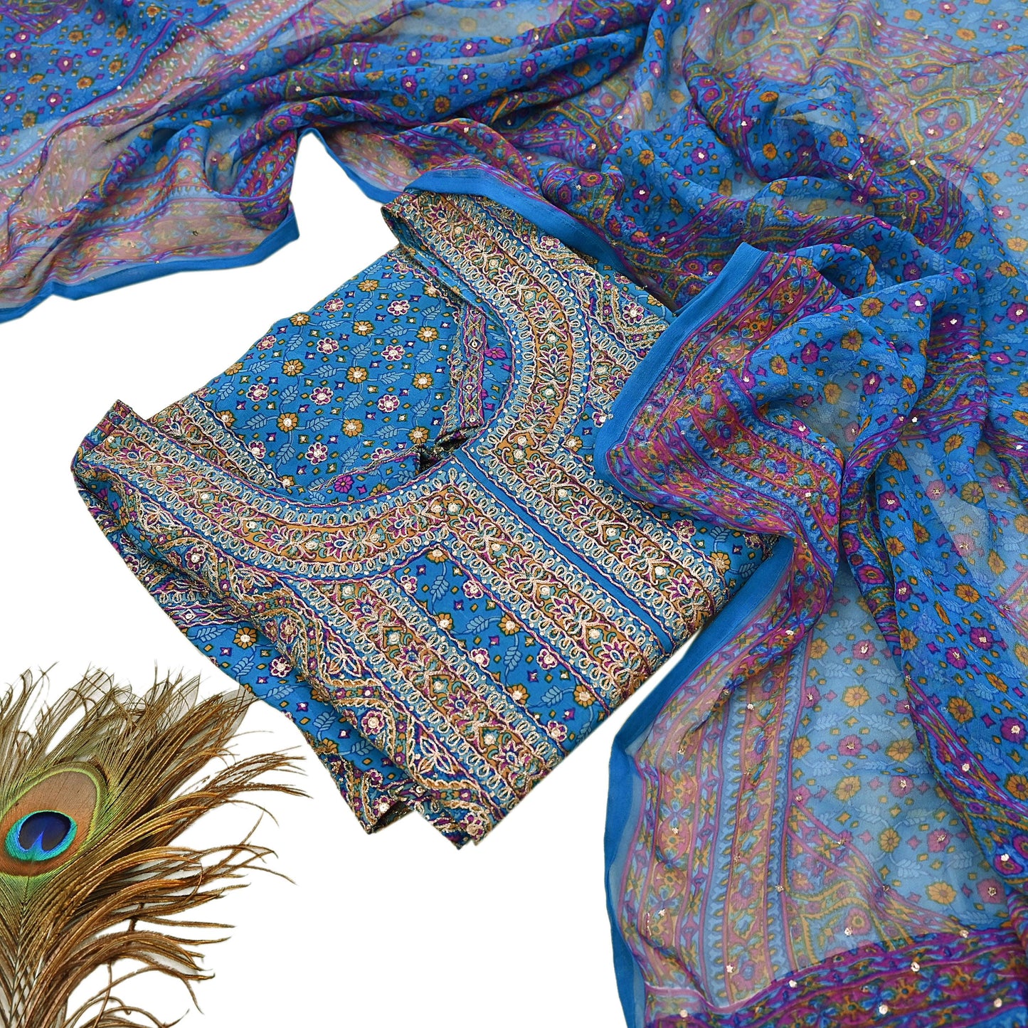 Indian Pre-Owned Blue Pure Silk Hand Embroidered Ritu Kumar Designer 2 Piece Suit Set (Kurta + Dupatta)