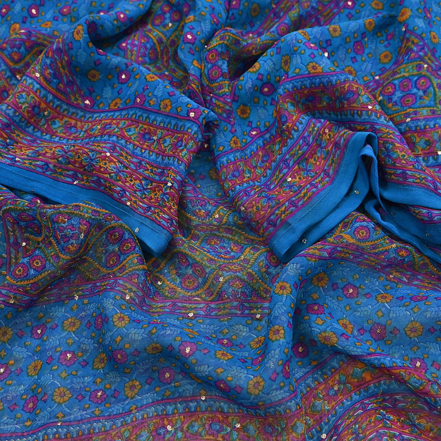 Indian Pre-Owned Blue Pure Silk Hand Embroidered Ritu Kumar Designer 2 Piece Suit Set (Kurta + Dupatta)