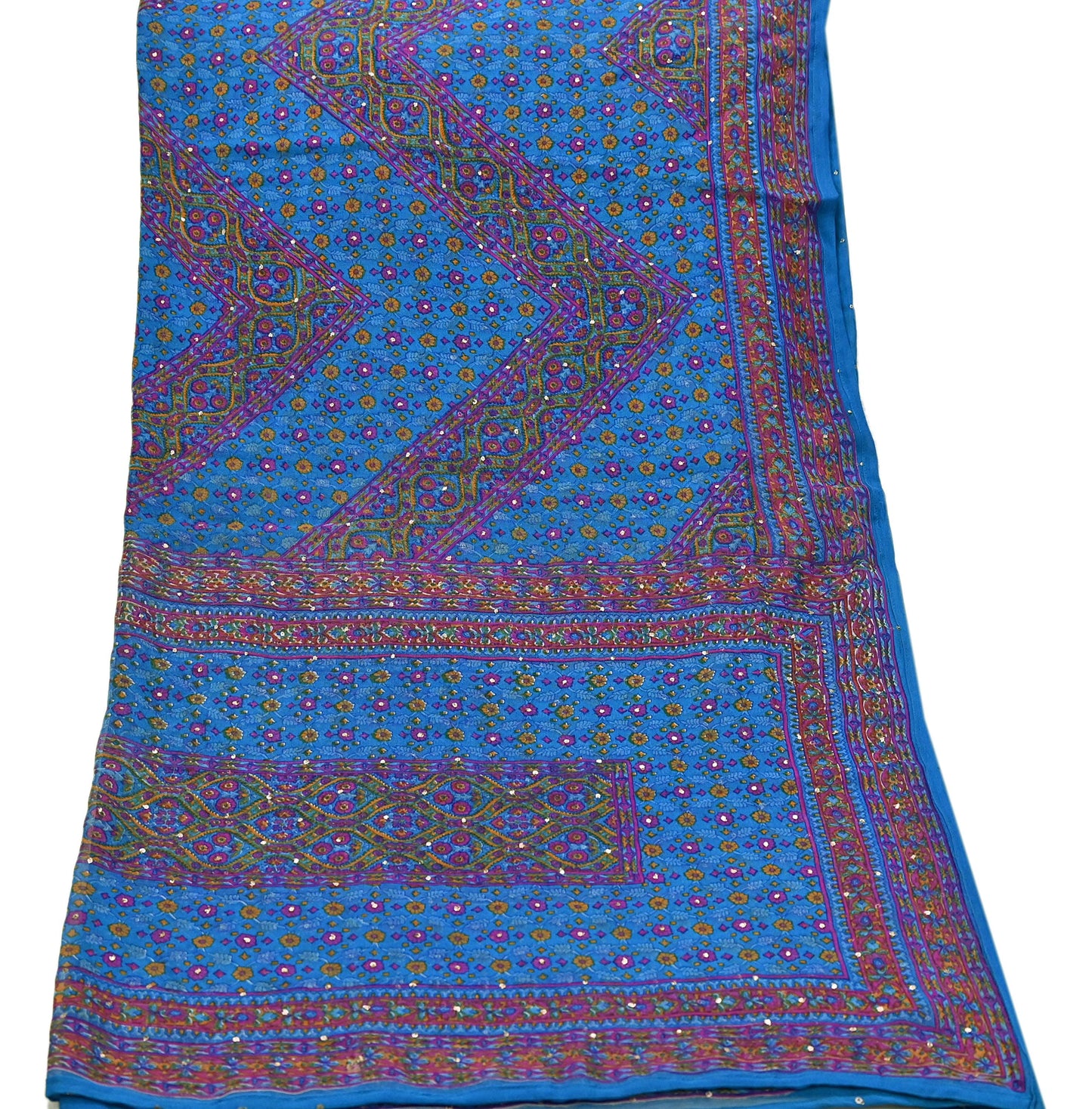 Indian Pre-Owned Blue Pure Silk Hand Embroidered Ritu Kumar Designer 2 Piece Suit Set (Kurta + Dupatta)