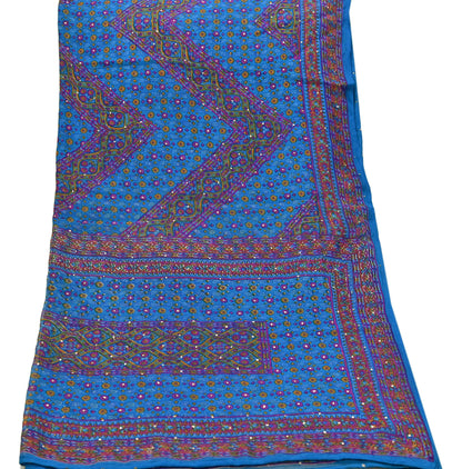 Indian Pre-Owned Blue Pure Silk Hand Embroidered Ritu Kumar Designer 2 Piece Suit Set (Kurta + Dupatta)