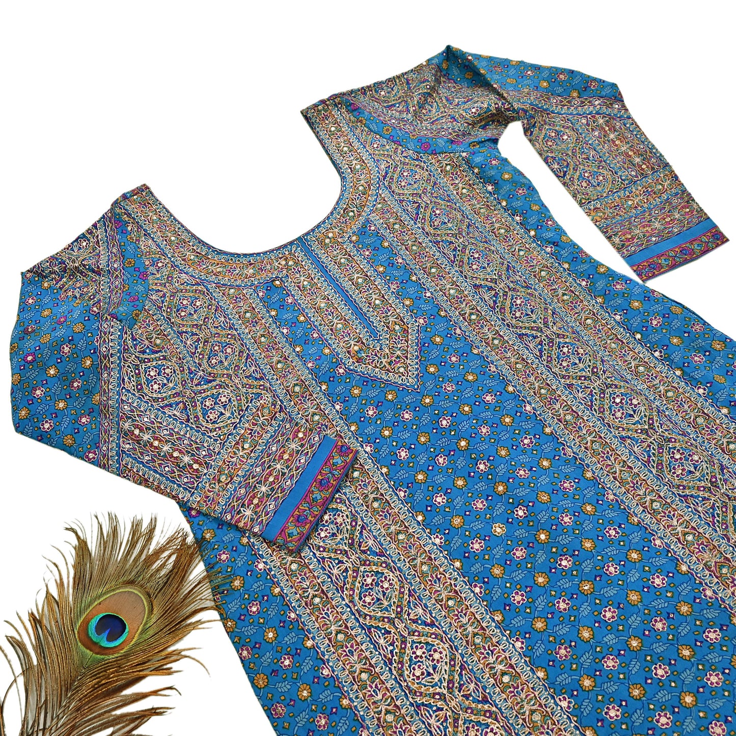 Indian Pre-Owned Blue Pure Silk Hand Embroidered Ritu Kumar Designer 2 Piece Suit Set (Kurta + Dupatta)
