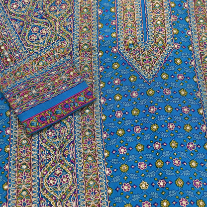 Indian Pre-Owned Blue Pure Silk Hand Embroidered Ritu Kumar Designer 2 Piece Suit Set (Kurta + Dupatta)