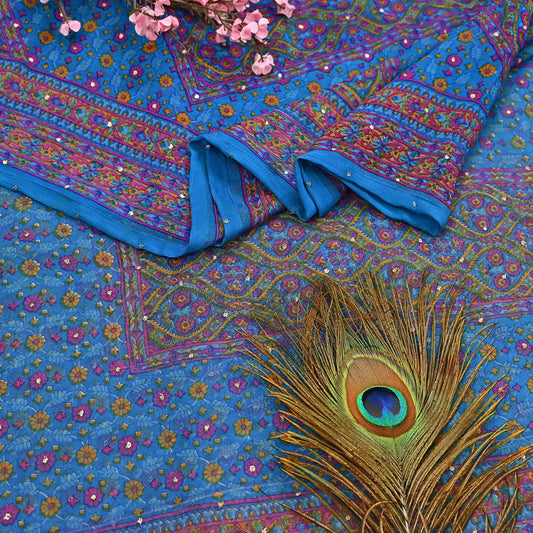 Indian Vintage Blue Dupatta Pure Chiffon Silk Long Stole Hand Embroidered Designer By Ritu Kumar Scarves Scarf Zari Zardozi