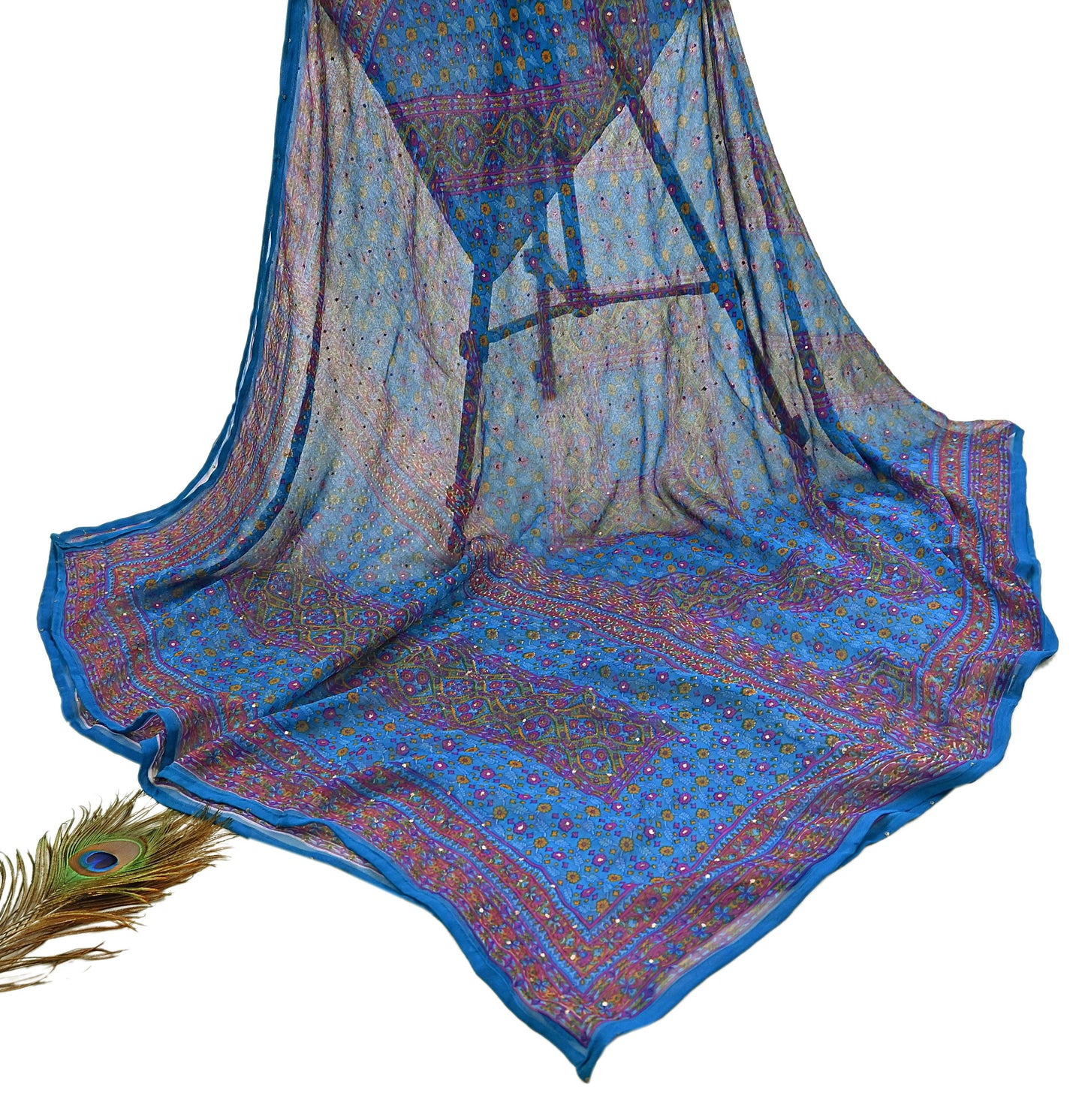 Indian Vintage Blue Dupatta Pure Chiffon Silk Long Stole Hand Embroidered Designer By Ritu Kumar Scarves Scarf Zari Zardozi