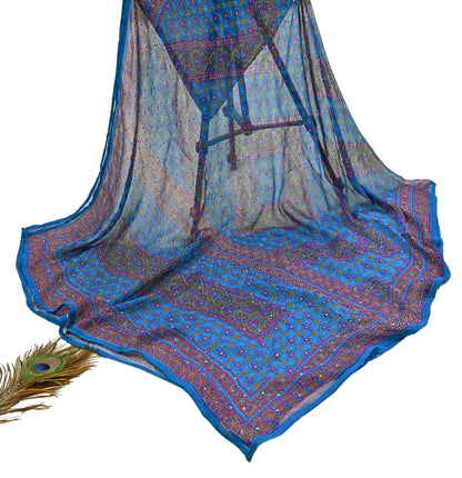 Indian Vintage Blue Dupatta Pure Chiffon Silk Long Stole Hand Embroidered Designer By Ritu Kumar Scarves Scarf Zari Zardozi