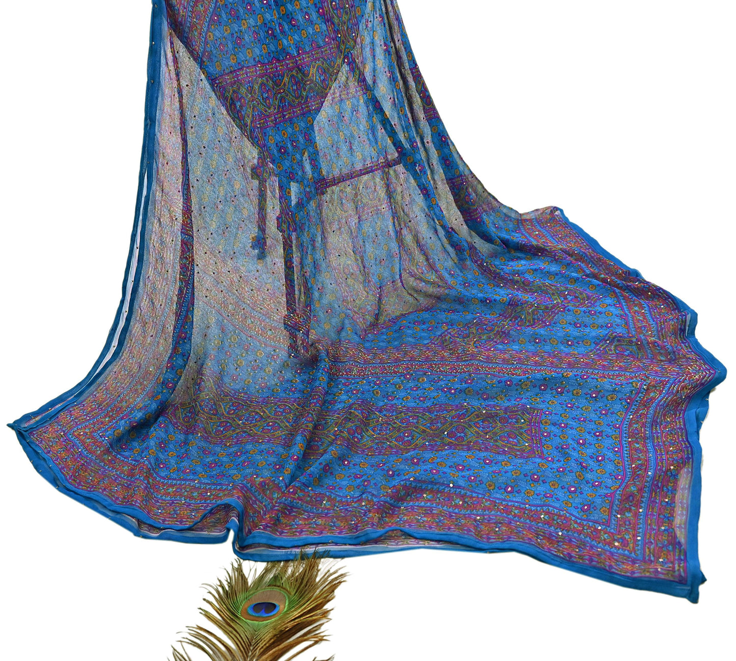 Indian Vintage Blue Dupatta Pure Chiffon Silk Long Stole Hand Embroidered Designer By Ritu Kumar Scarves Scarf Zari Zardozi