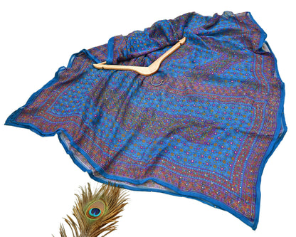 Indian Vintage Blue Dupatta Pure Chiffon Silk Long Stole Hand Embroidered Designer By Ritu Kumar Scarves Scarf Zari Zardozi