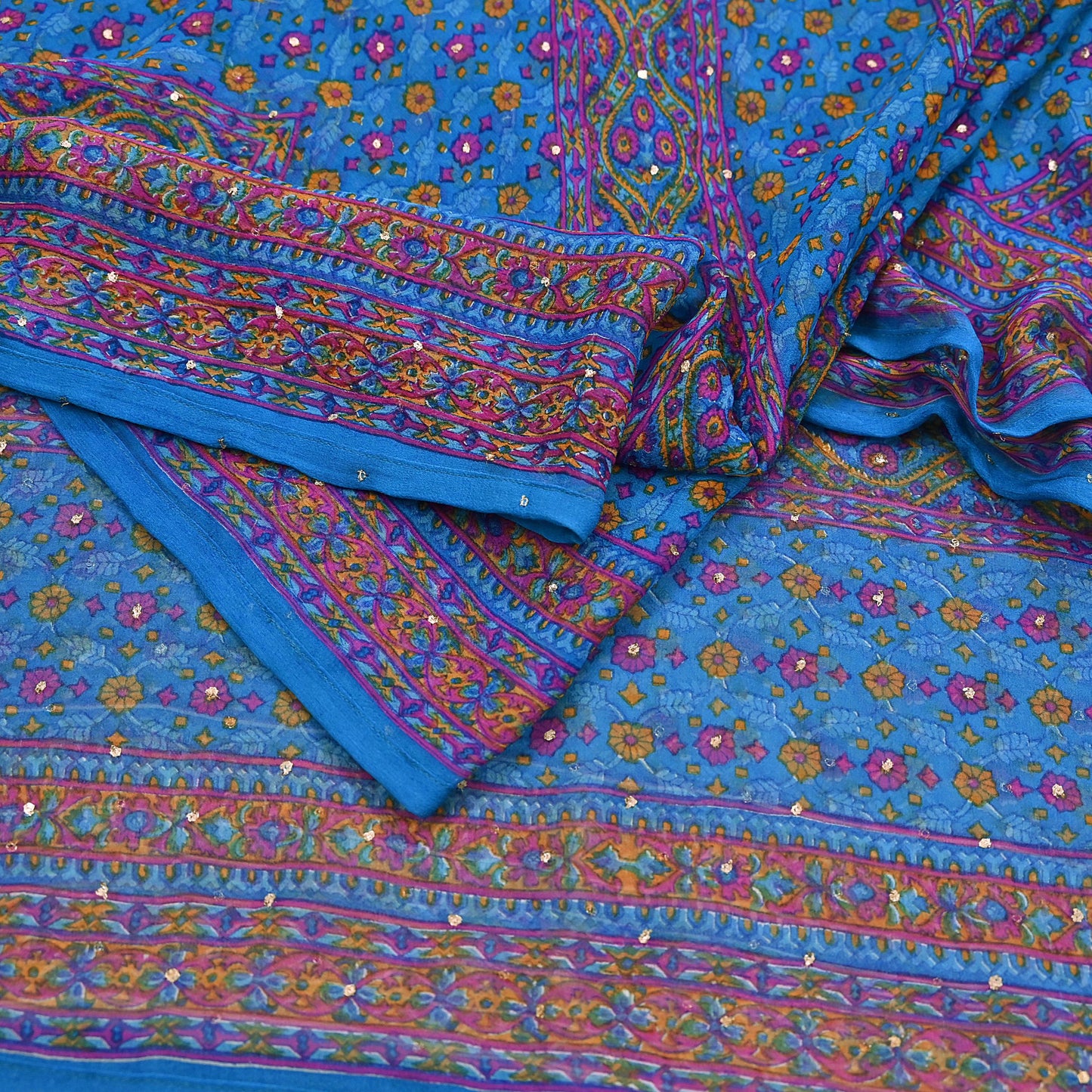 Indian Vintage Blue Dupatta Pure Chiffon Silk Long Stole Hand Embroidered Designer By Ritu Kumar Scarves Scarf Zari Zardozi