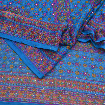 Indian Vintage Blue Dupatta Pure Chiffon Silk Long Stole Hand Embroidered Designer By Ritu Kumar Scarves Scarf Zari Zardozi