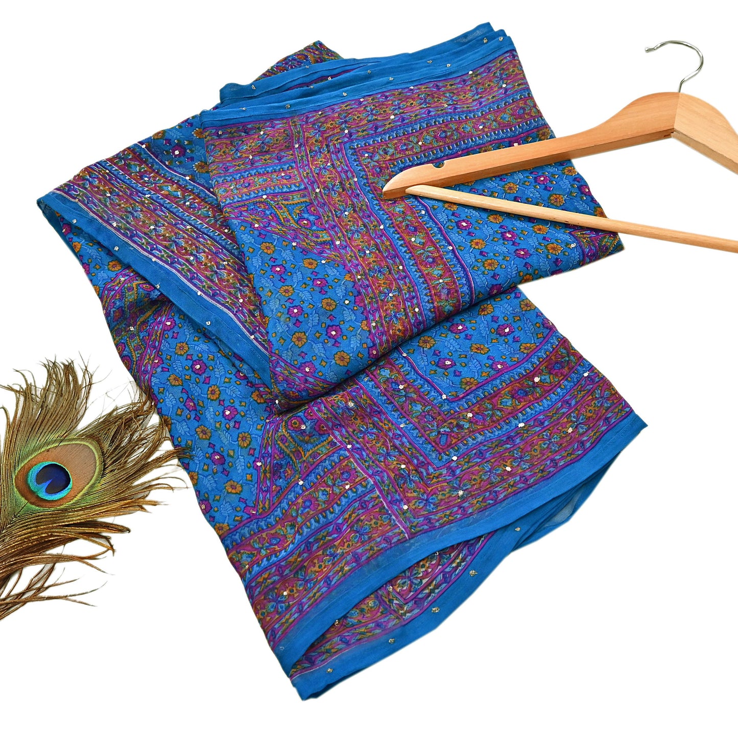 Indian Vintage Blue Dupatta Pure Chiffon Silk Long Stole Hand Embroidered Designer By Ritu Kumar Scarves Scarf Zari Zardozi
