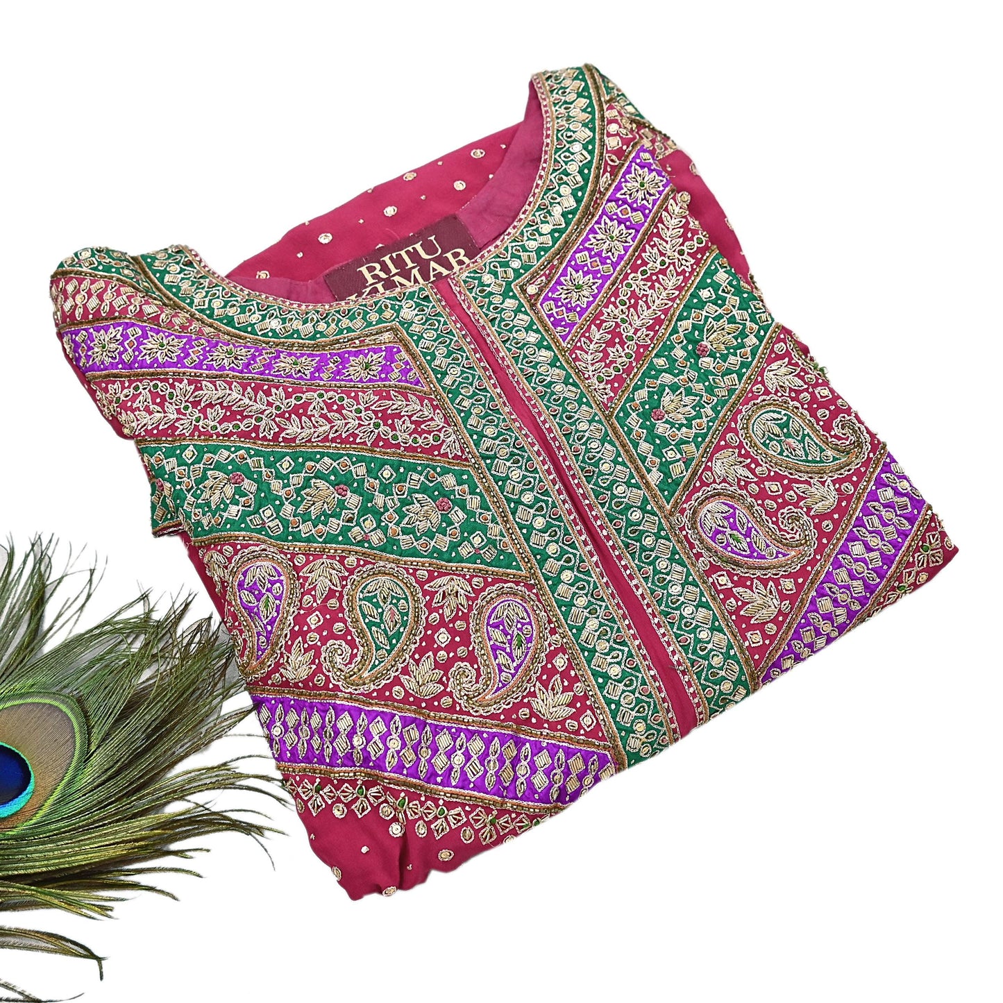 Indian Vintage Ritu Kumar Pink Pure Crepe Silk Long Kurta Hand Embroidered Printed Designer Ethnic Festive Party Wear Tunic