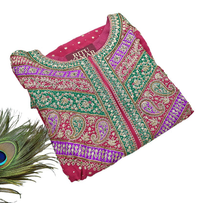 Indian Vintage Ritu Kumar Pink Pure Crepe Silk Long Kurta Hand Embroidered Printed Designer Ethnic Festive Party Wear Tunic