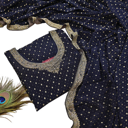 Indian Pre-Owned Black Pure Crepe Silk Hand Embroidered Ritu Kumar Designer 2 Piece Suit Set (Kurta + Dupatta)