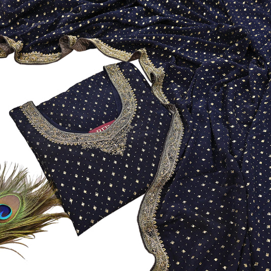 Indian Pre-Owned Black Pure Crepe Silk Hand Embroidered Ritu Kumar Designer 2 Piece Suit Set (Kurta + Dupatta)